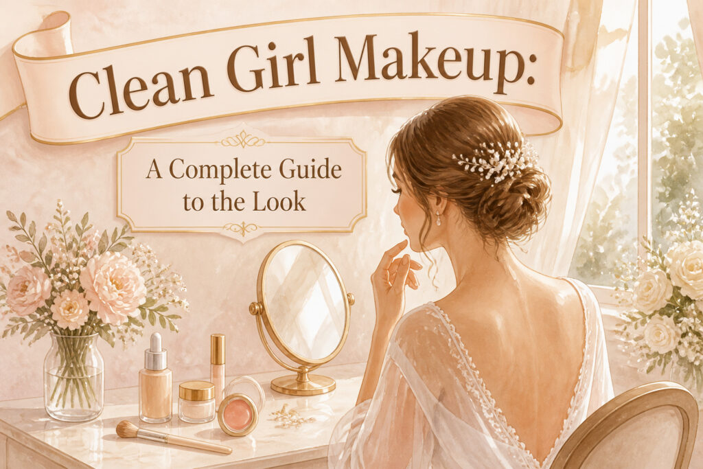 A bride getting ready with clean makeup products in a modern bridal suite.