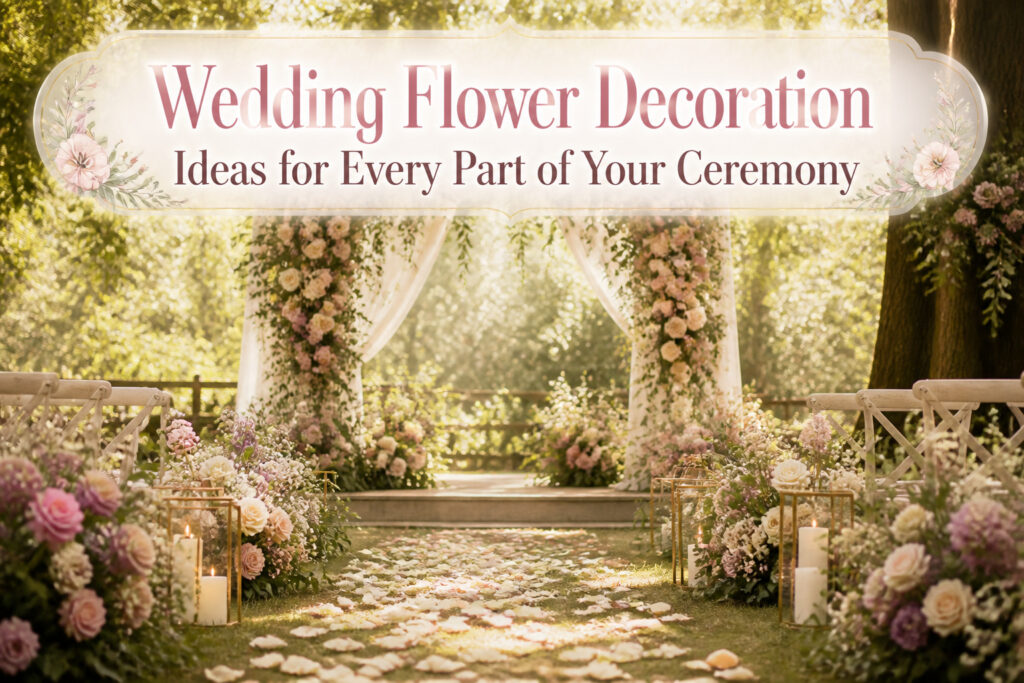 A beautifully decorated wedding venue with various flower arrangements.
