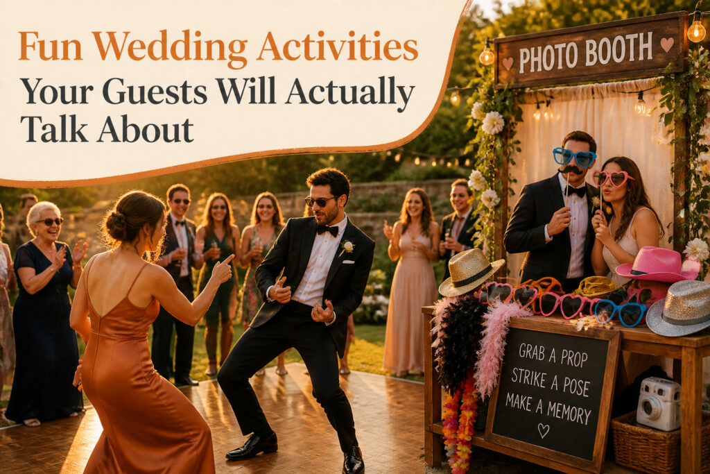 A vibrant wedding reception with guests engaging in various activities.