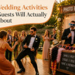 A vibrant wedding reception with guests engaging in various activities.