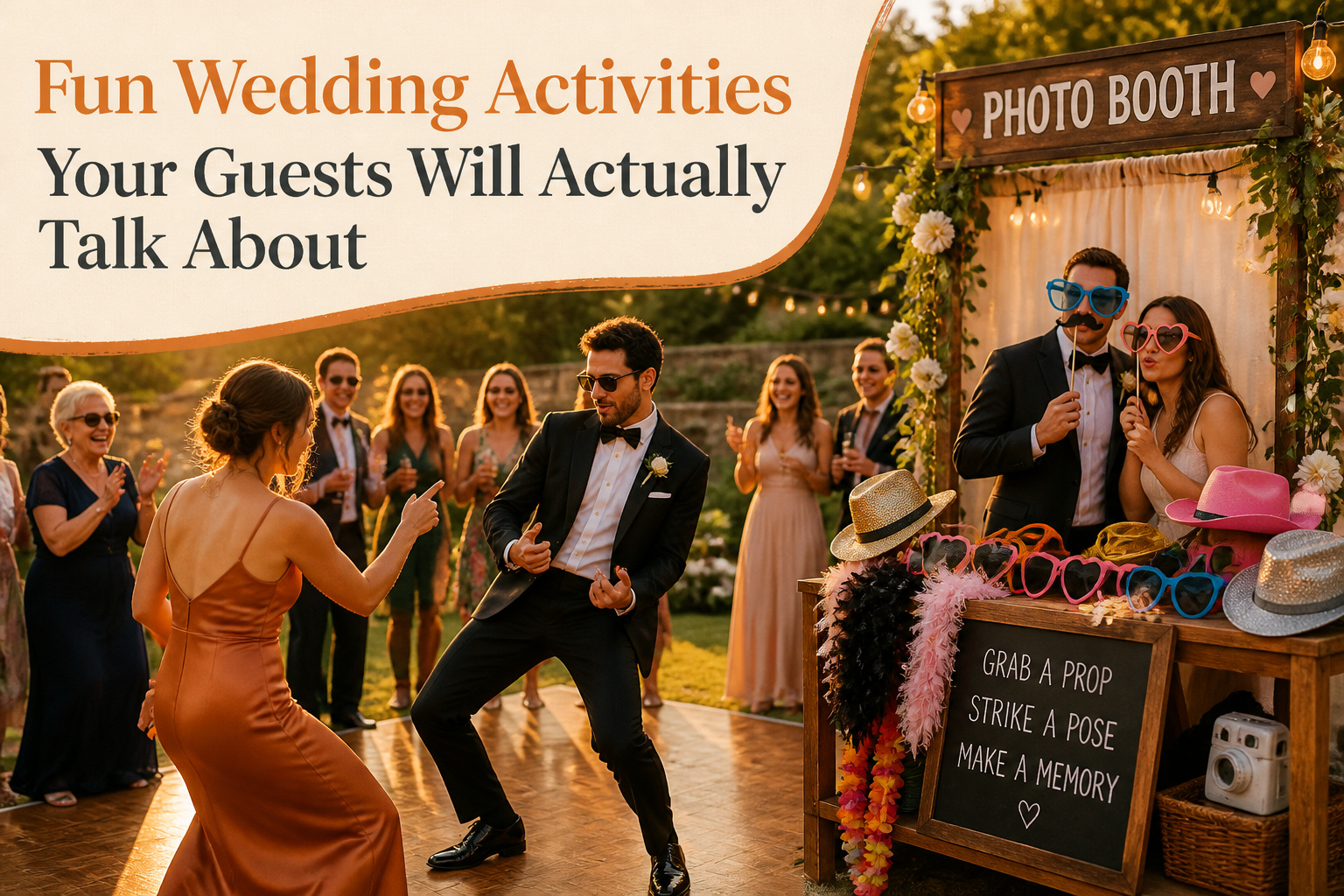 A vibrant wedding reception with guests engaging in various activities.
