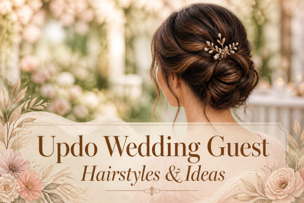 A collection of various updo hairstyles styled for wedding guests.
