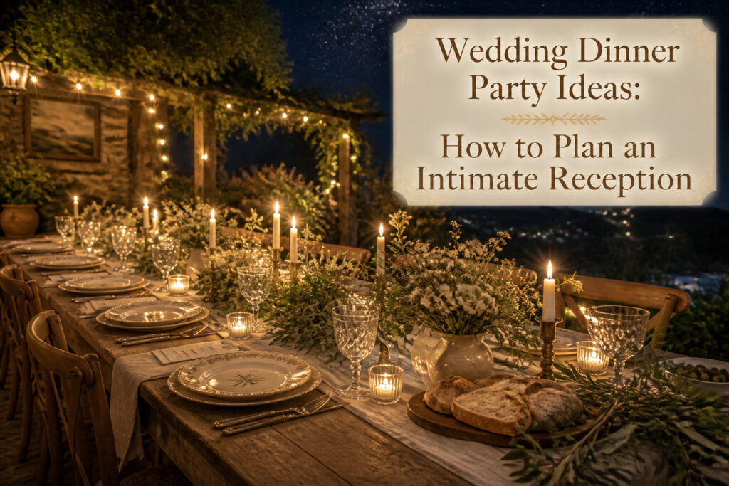An elegantly set table for a wedding dinner party with floral arrangements.