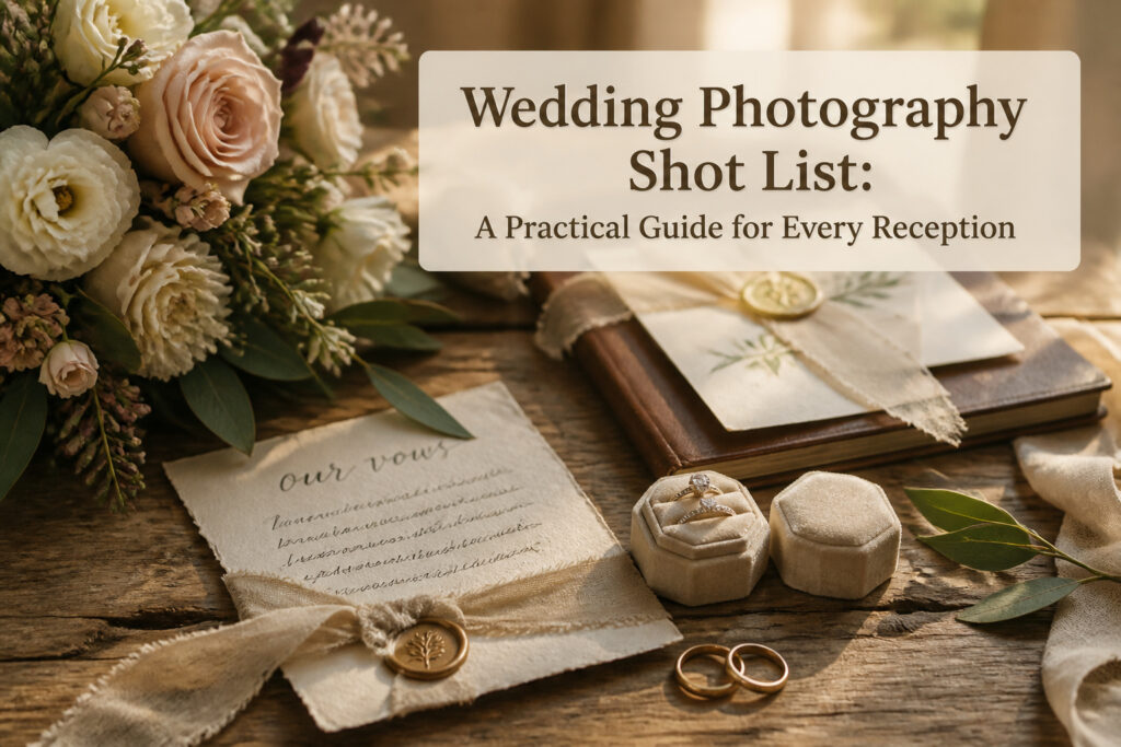 An organized wedding photography shot list displayed on a table.