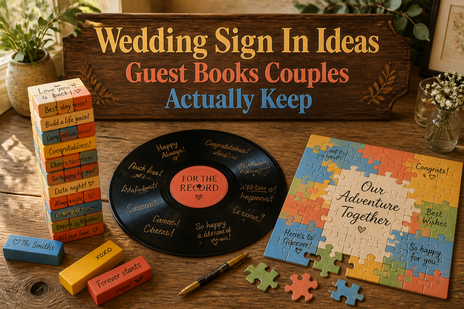 A wedding reception with various guest book ideas like vintage phones and Polaroids.