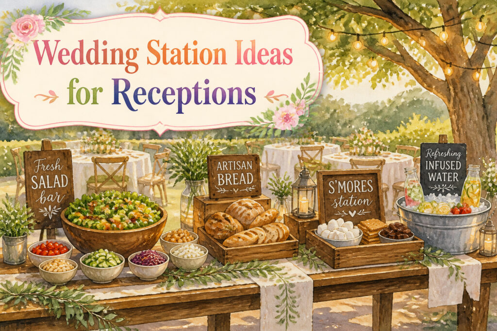 Different food stations displayed at a wedding reception.