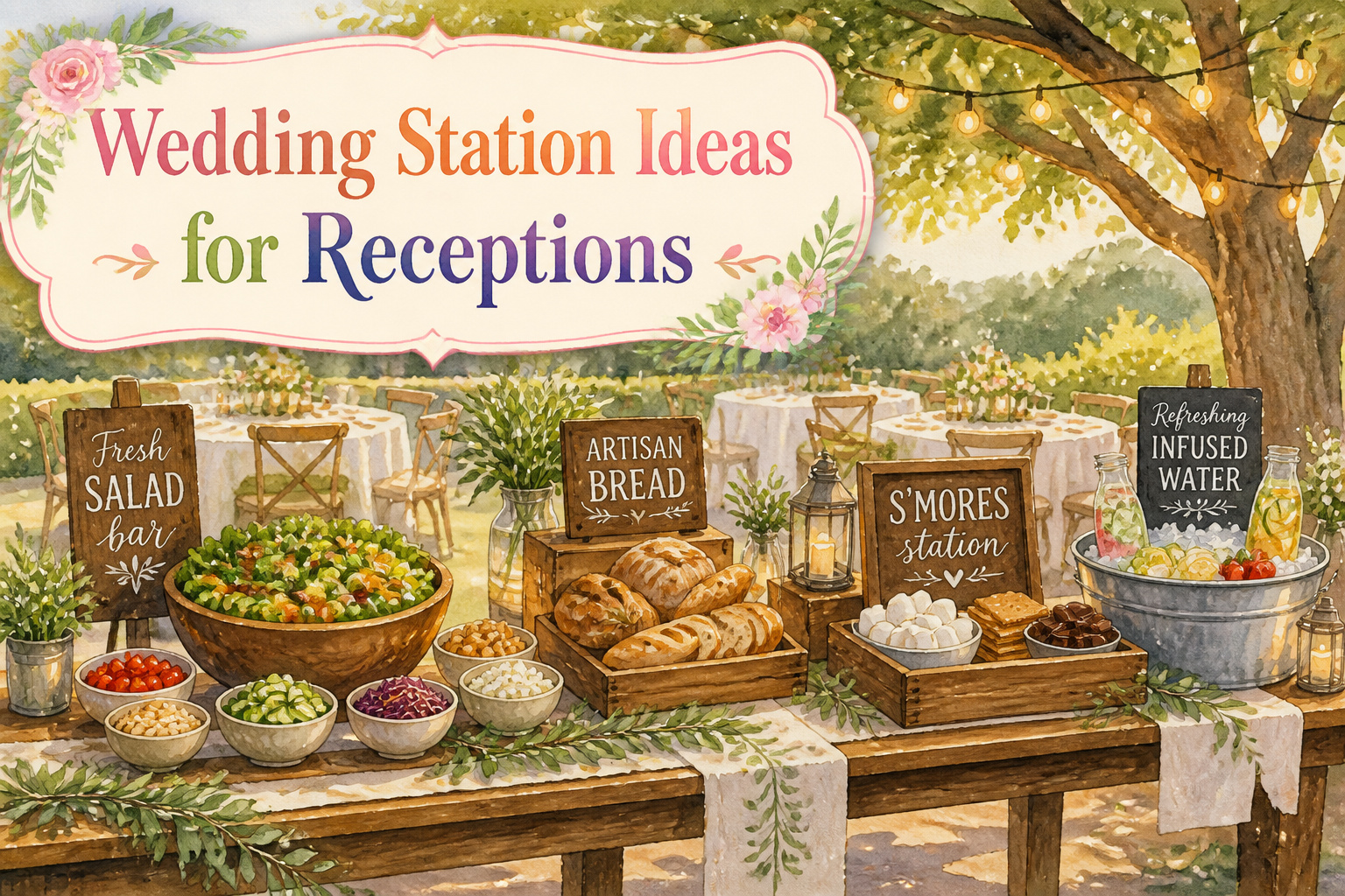 Different food stations displayed at a wedding reception.