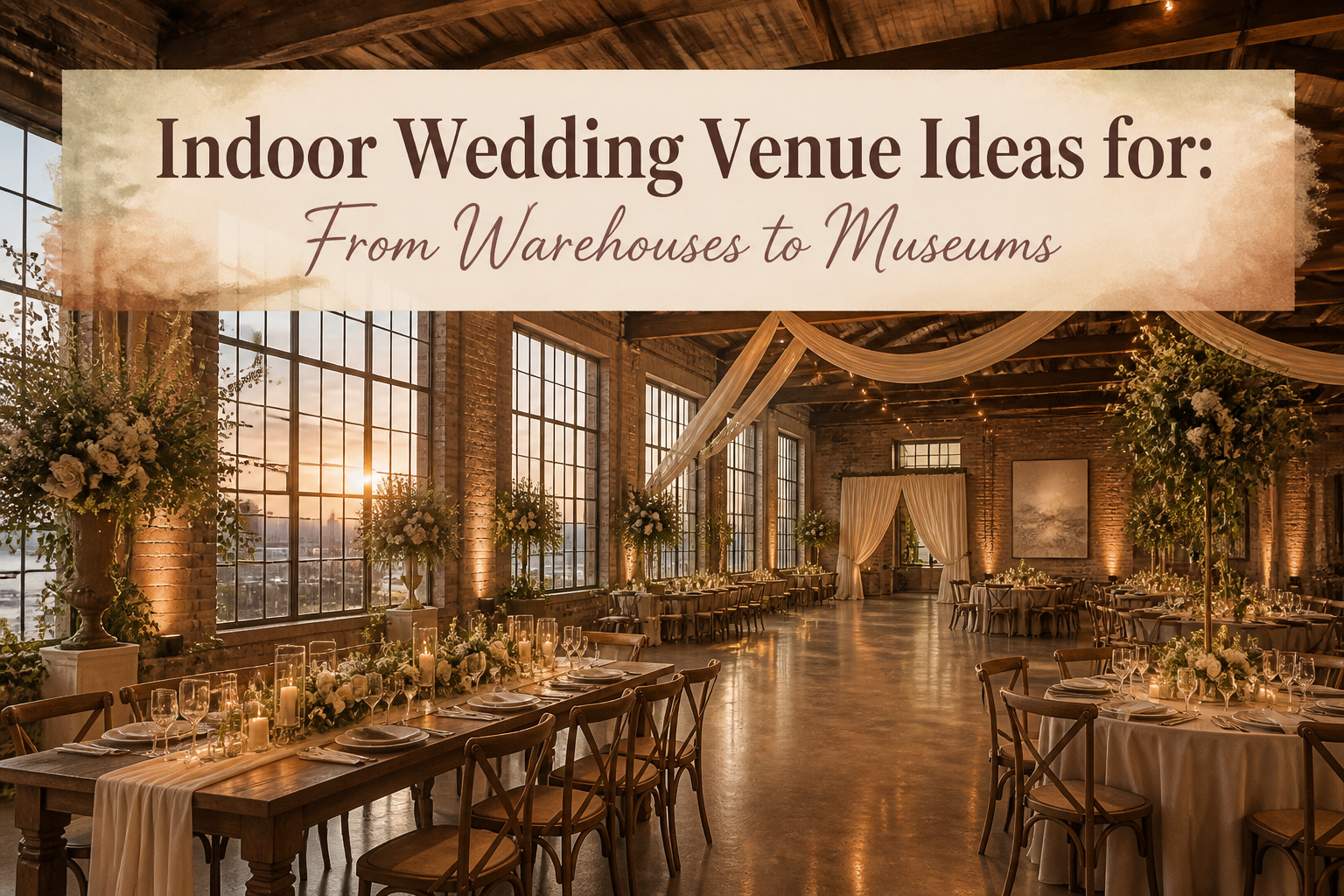 Collage of various indoor wedding venues including warehouses, hotels, and museums.