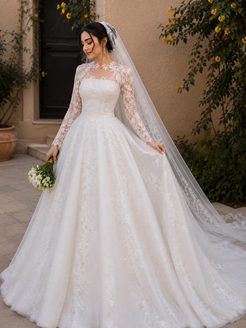 A woman in a white lace wedding dress and long veil holding white flowers.