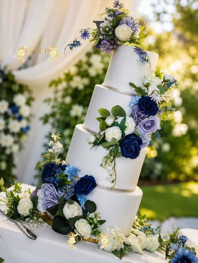 A four-tier white wedding cake adorned with blue and white floral arrangements and silver bands.
