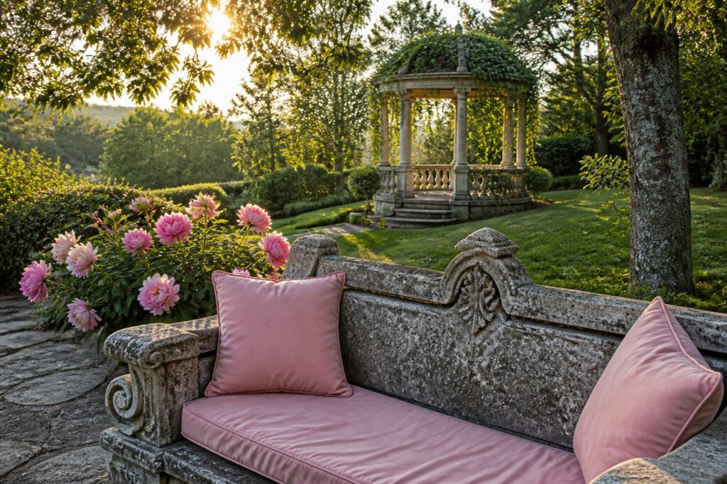 Couple standing together in an estate garden filled with greenery.