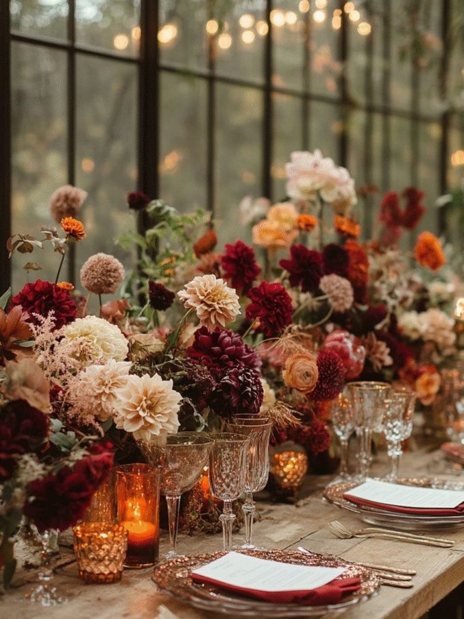 Floral wedding centerpieces with burgundy and peach dahlias on a decorated wooden dining table.