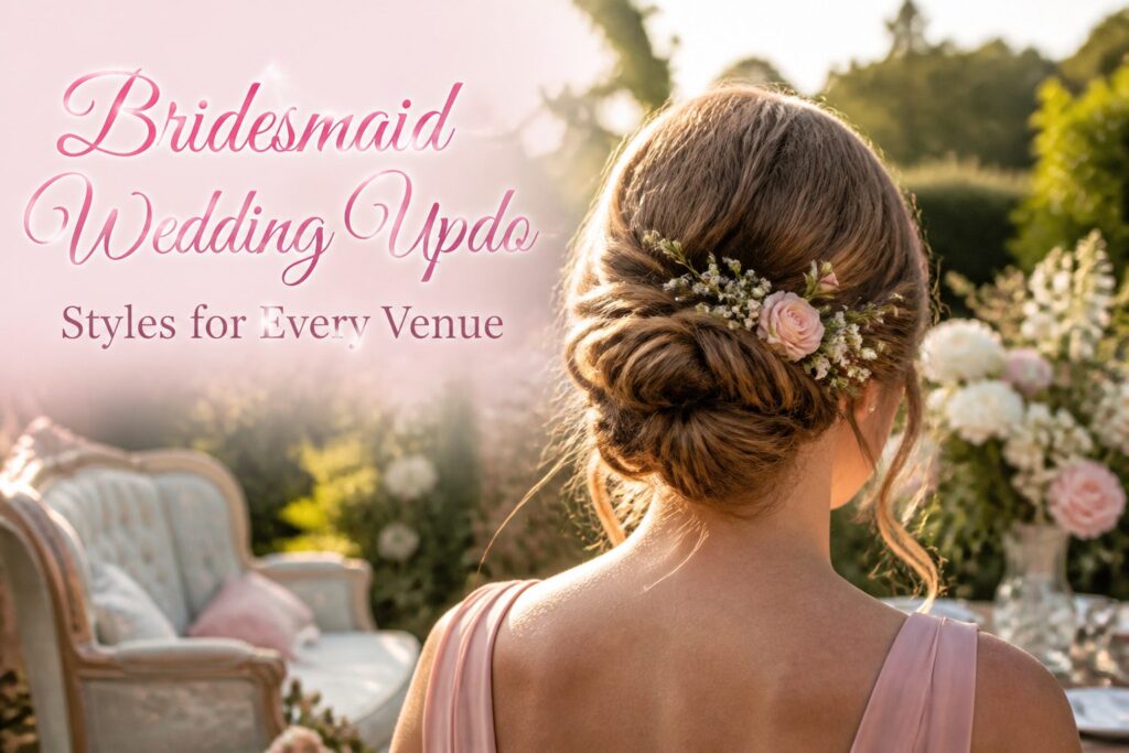 Bridesmaids displaying different wedding updo hairstyles at an outdoor setting.