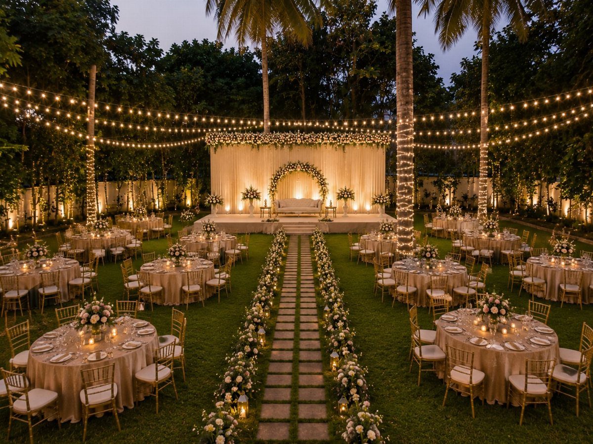 An outdoor wedding reception setup with decorated tables, a floral walkway, and fairy lights at night.