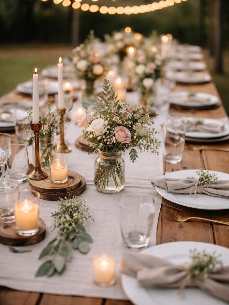 A rustic wedding table setting with floral jars, candles, and linen runner on a wooden table.