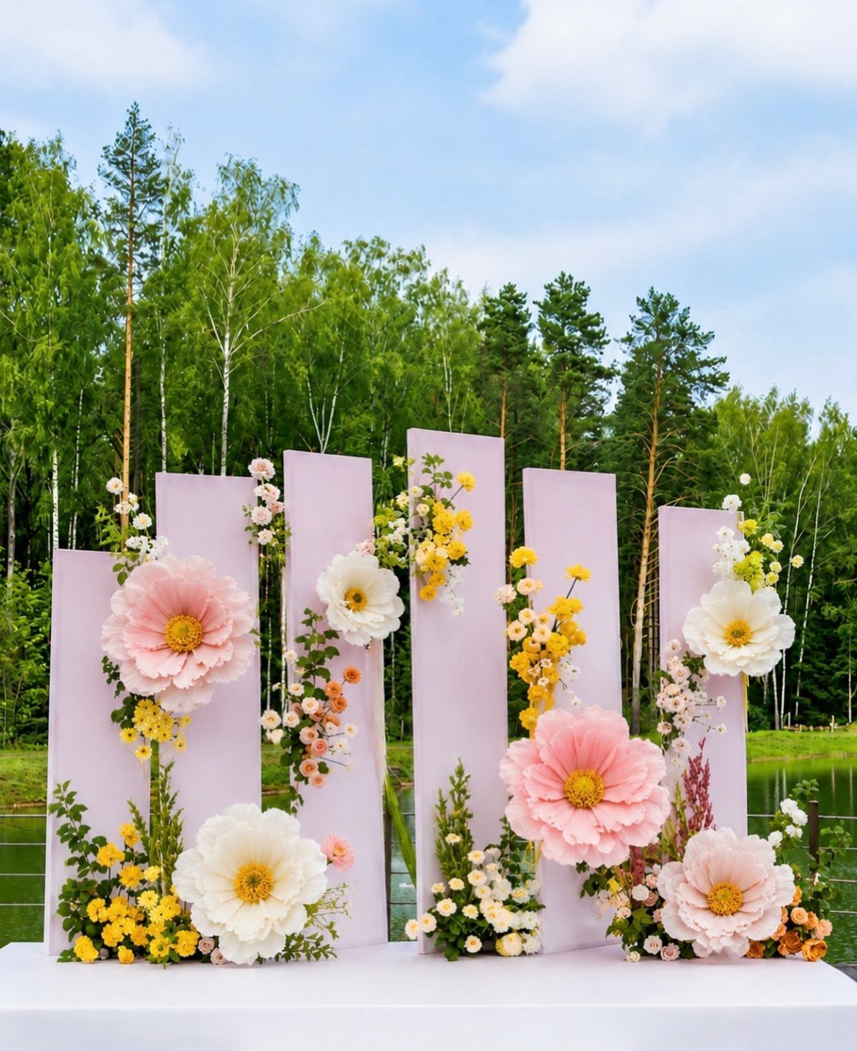 Large pink and white crepe paper flowers attached to tall purple panels in an outdoor setting.