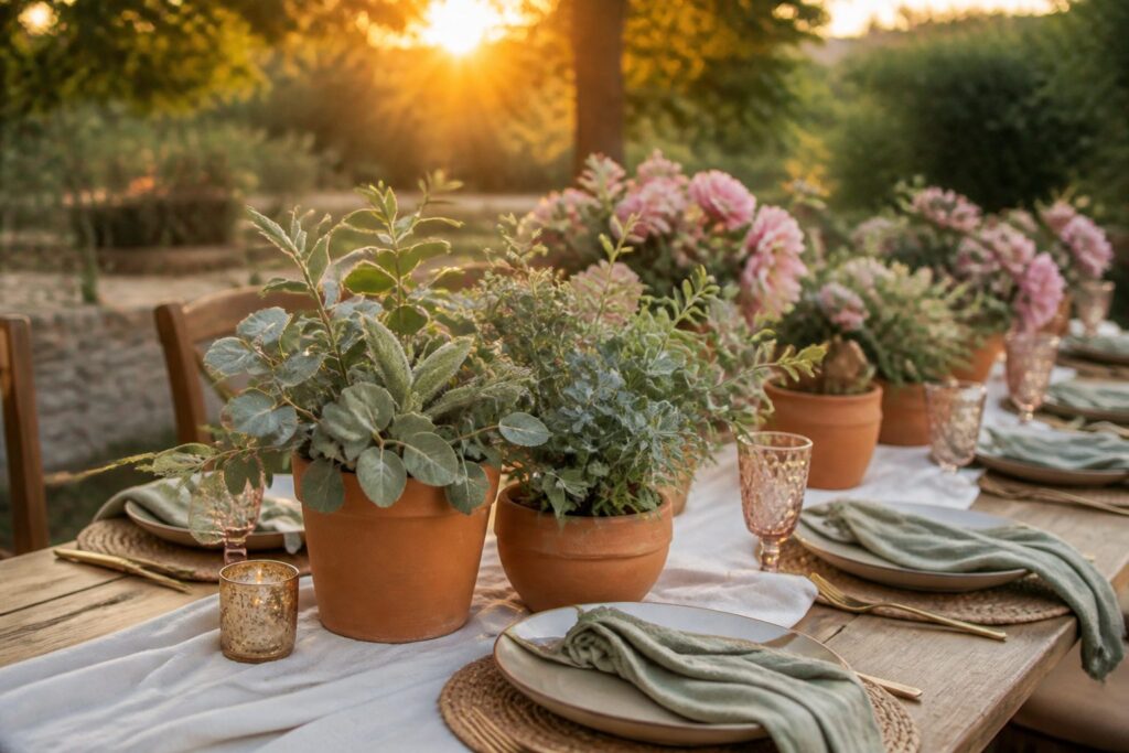 Terracotta and sage wedding decor displayed at a reception table.