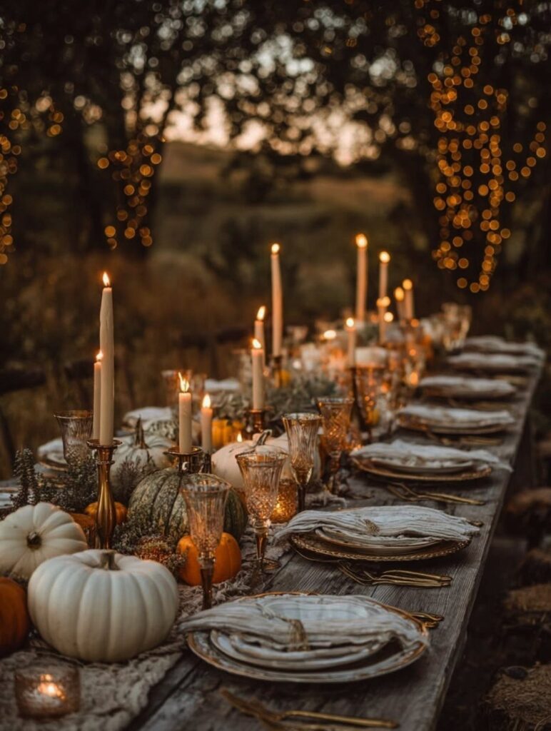 A long outdoor dining table decorated with many lit taper candles and white pumpkins.