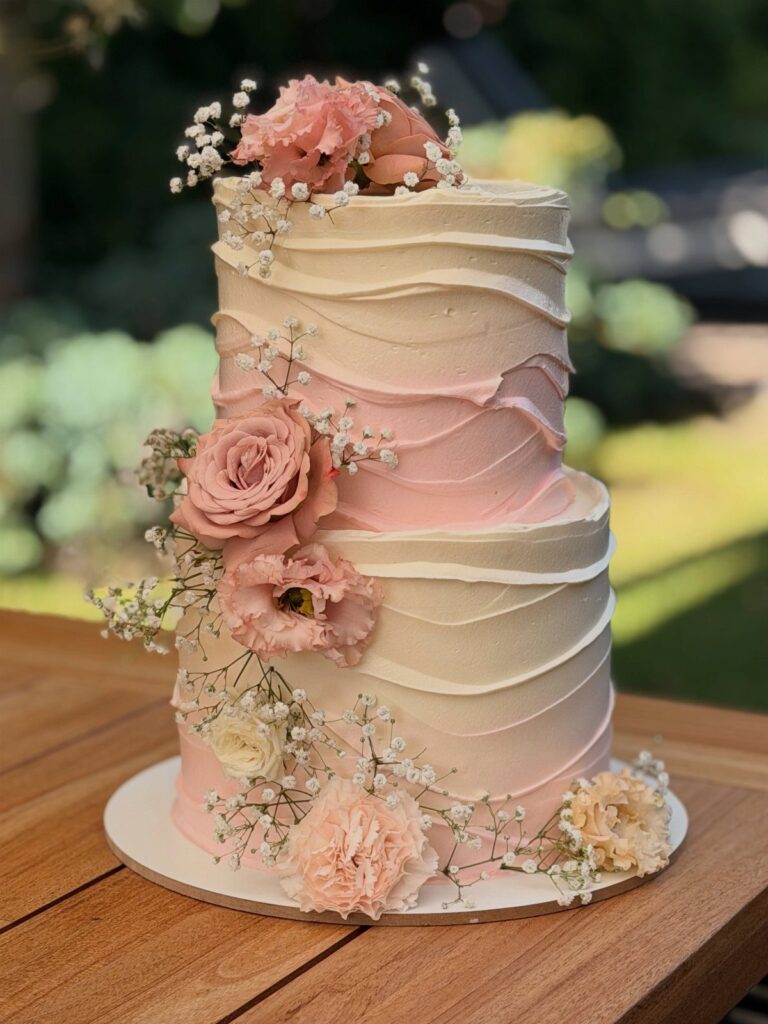 Two-tier wedding cake with pink ombre ruffled buttercream and fresh pink floral decorations.