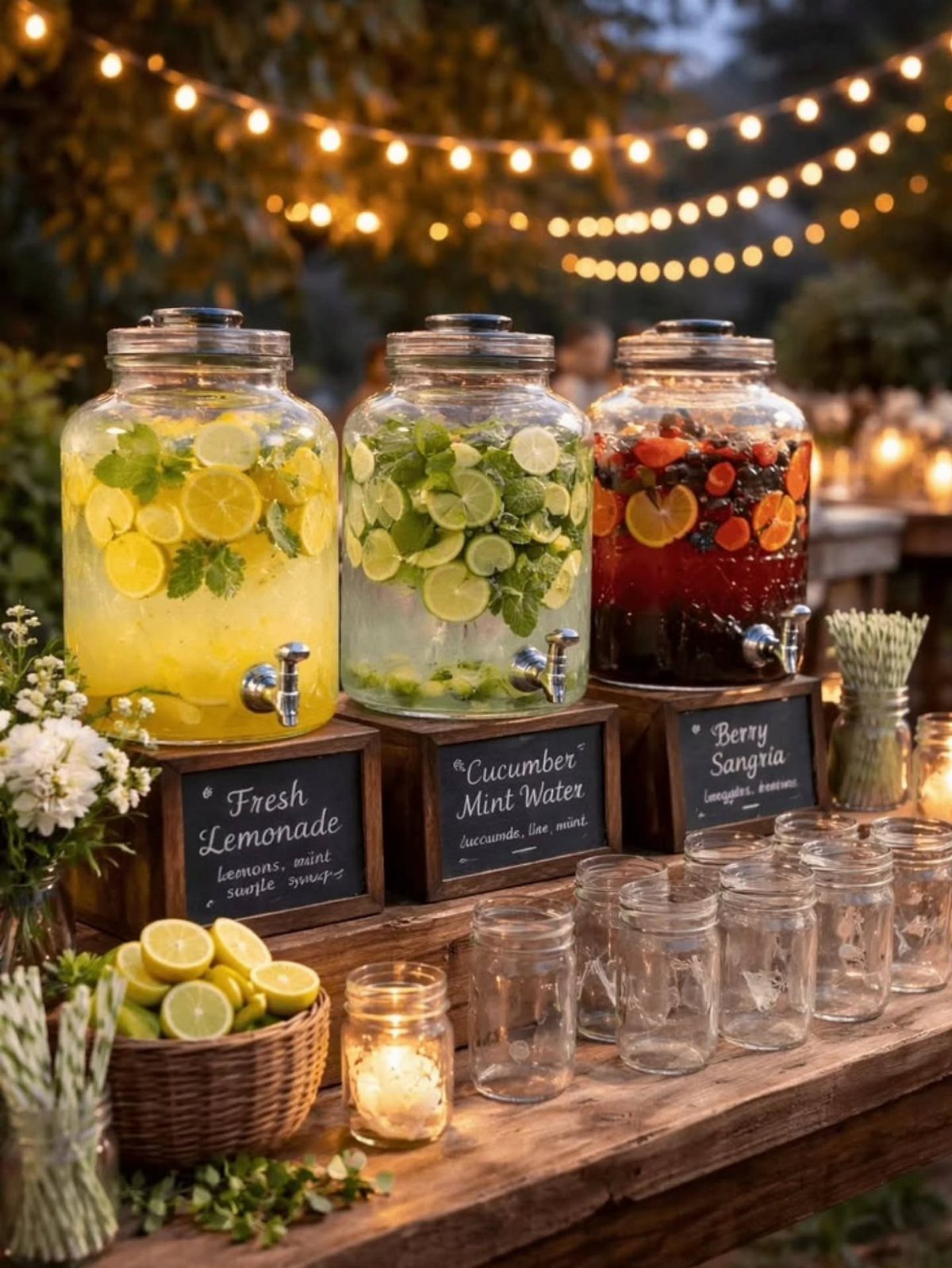 Three glass beverage dispensers filled with lemonade, cucumber water, and berry sangria on a wooden table.