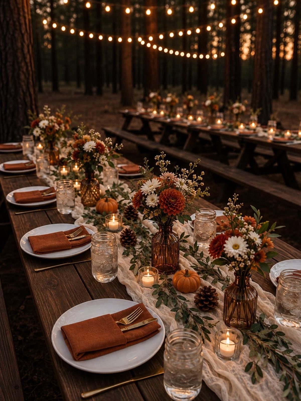 A rustic outdoor wedding table setting with flowers, candles, and pumpkins in a forest setting.