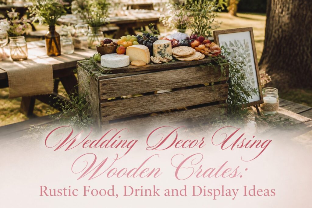 Wooden crates arranged with burlap and flowers for wedding decoration.