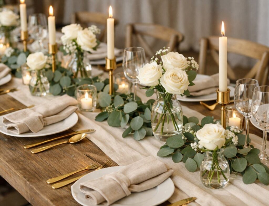A decorated wedding table featuring white roses, eucalyptus leaves, taper candles, and elegant place settings.