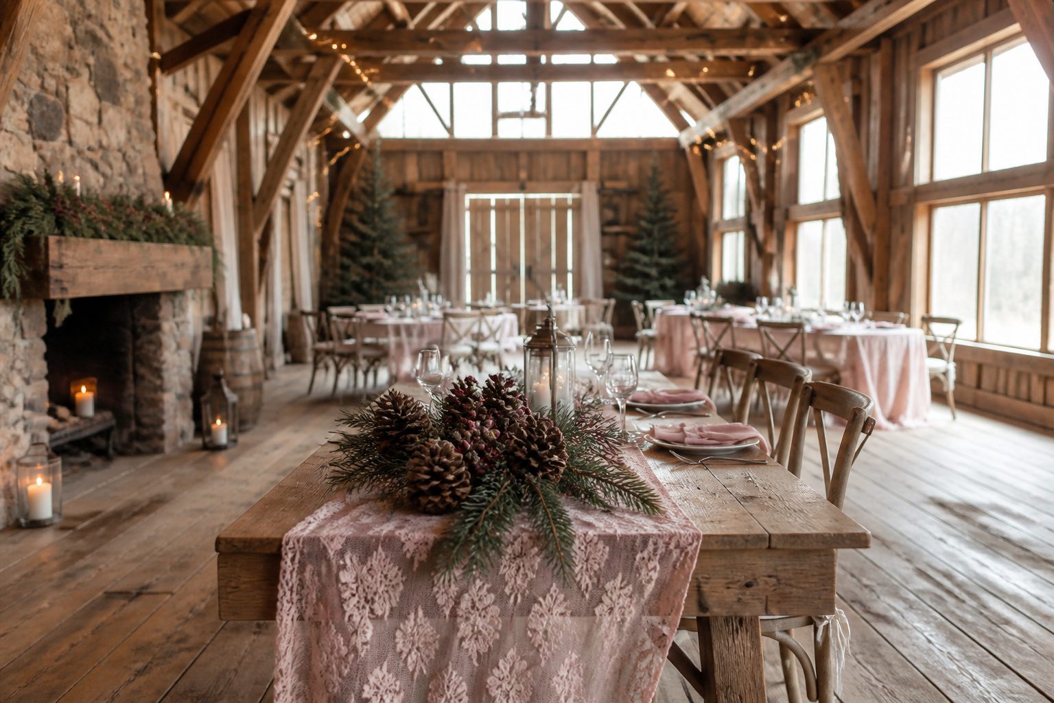 A winter wedding scene with candles, flowers, and warm lighting.